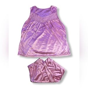 Pink Lace-Neck Polyester Faux Silk Top With Shorts Sleepwear Set, Size XL